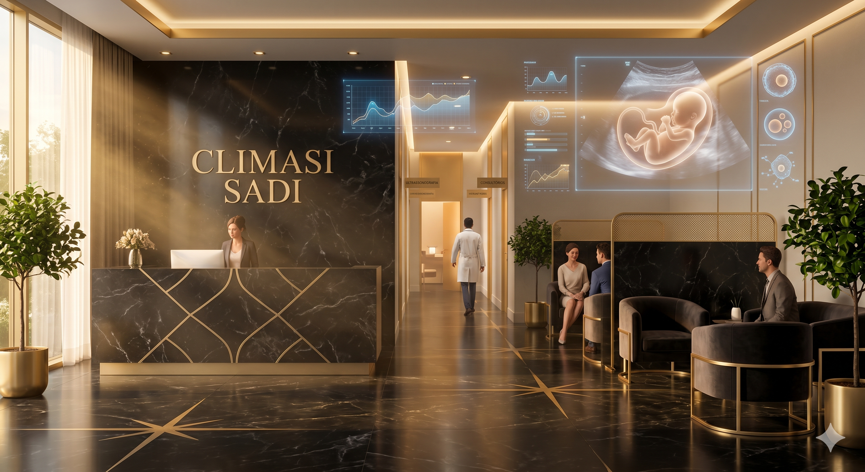 Interior da clínica CLIMASI SADI — ambiente médico elegante com luz dourada